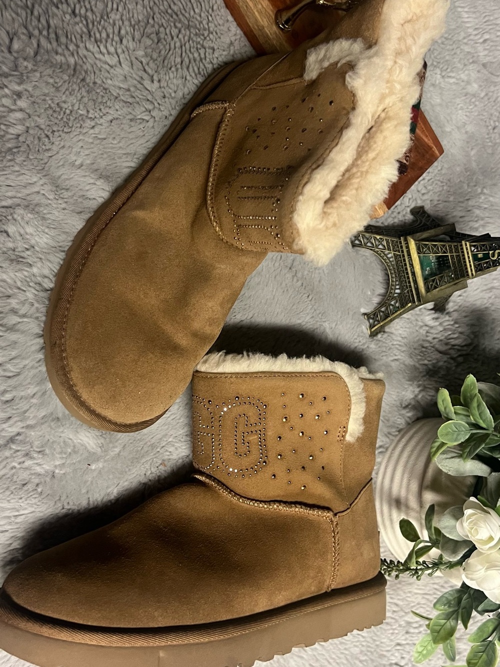 UGG Chestnut Suede Shearling-Lined Slip-On Boot with Stud Logo